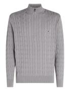 Classic Cotton Cable Zip Mock Tops Knitwear Half Zip Jumpers Grey Tommy Hilfiger