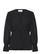 Wilhelmina Wrap Detail Chiffon Blouse Tops Blouses Long-sleeved Black Malina