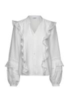 Margaret V-Neck Frill Blouse Tops Blouses Long-sleeved White Bubbleroom