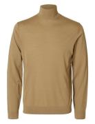 Slhtray Ls Knit Merino Roll Neck Noos Tops Polos Long-sleeved Khaki Green Selected Homme