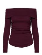 Cotton-Blend Off-The-Shoulder Top Tops T-shirts & Tops Long-sleeved Burgundy Lauren Ralph Lauren