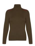 Faux-Leather-Trim Ribbed Turtleneck Tops Knitwear Turtleneck Khaki Green Lauren Ralph Lauren