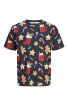 Jjxmas Merry Aop Tee Ss Crew Neck Tops T-Kortærmet Skjorte Navy Jack & J S