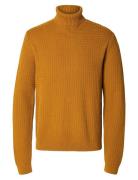 Slhzig Ls Knit Structure Roll Neck Tops Knitwear Turtlenecks Orange Selected Homme