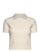 Knitted Polo Shirt With Rhinest Collar Tops Knitwear Jumpers Cream Mango