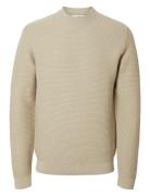 Slhtion Ls Knit Structure Mock Neck Tops Knitwear Round Necks Beige Selected Homme