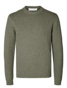 Slhdane Ls Knit Structure Crew Neck Noos Tops Knitwear Round Necks Green Selected Homme