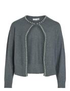 Vizafina L/S O-Neck Pearl Knit Cardigan Tops Knitwear Cardigans Grey Vila