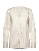 Natural Sheen Ls Draped Blouse Tops Blouses Long-sleeved Cream Calvin Klein