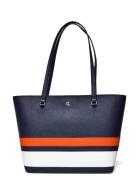 Striped Leather Medium Karly Tote Bag Bags Totes Navy Lauren Ralph Lauren