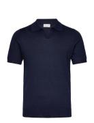 Man Fine Knit Open Collar T-Shirt Designers Knitwear Short Sleeve Knitted Polos Navy Davida Cashmere